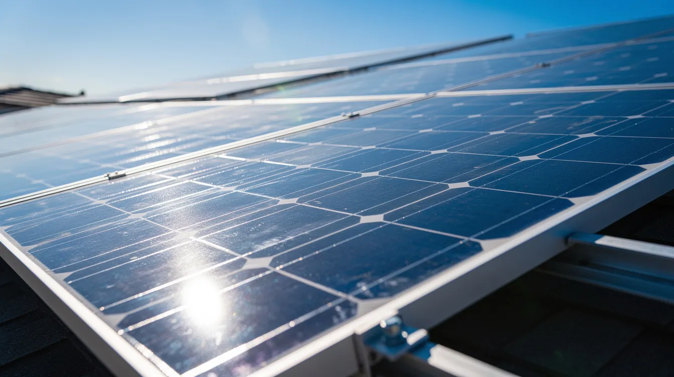 Close-up of blue monocrystalline solar panel cells reflecting sunlight, showing the durable silicon that lets panels last for decades