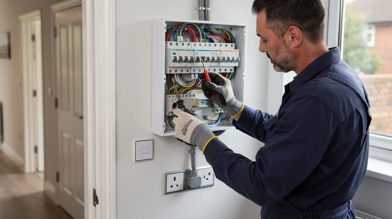 An electrician working on a consumer unit and wiring in a UK home, ensuring a solar or battery system connects to the grid in compliance with G98 and G99 standards