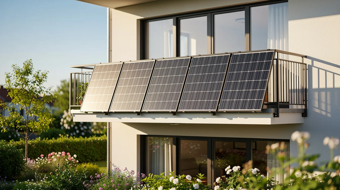 An 800W plug-in solar kit mounted on a balcony railing in full sun, overlooking a garden