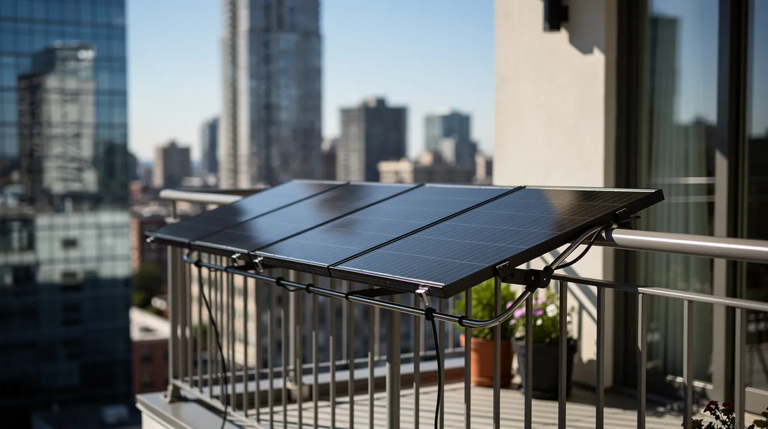 Balcony solar panels mounted on an apartment railing above a UK city skyline