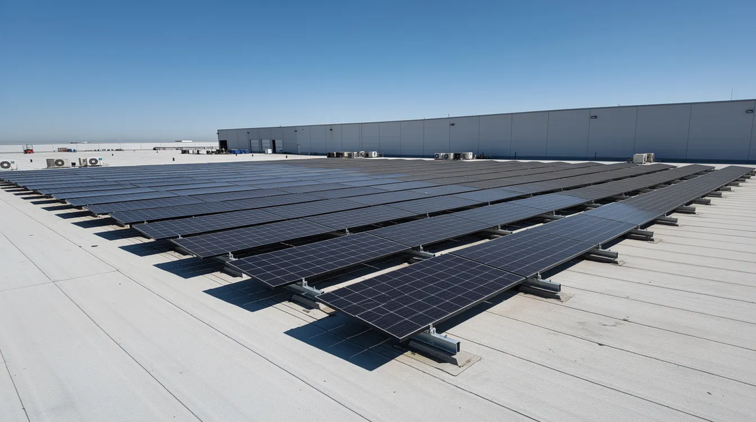 Rows of tilted solar panels on a flat commercial rooftop under a clear sky, spaced to avoid row-to-row shading