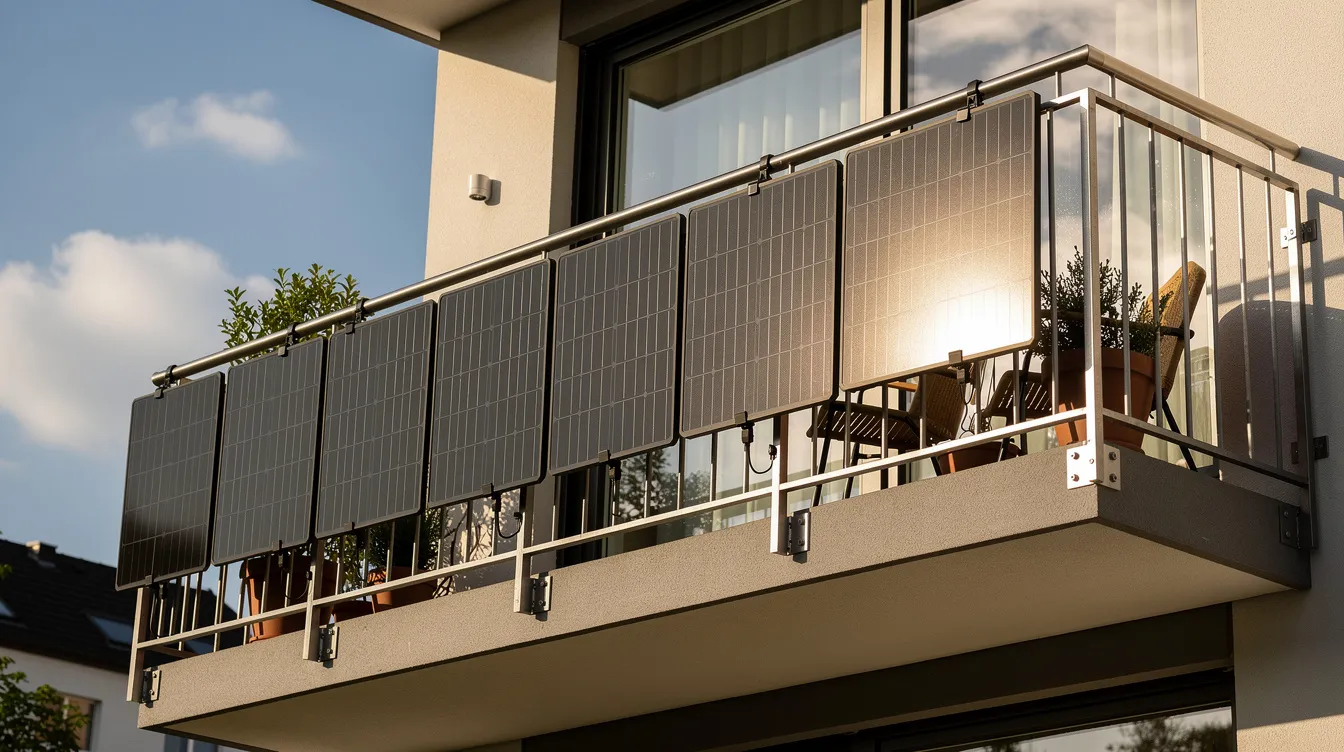Plug-in solar panels mounted on a modern apartment balcony railing under a clear sunny sky
