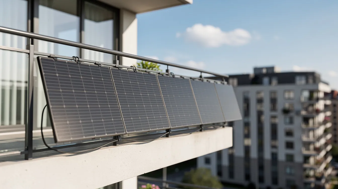 Plug-in solar panels mounted on a modern apartment balcony railing under a bright sunny sky